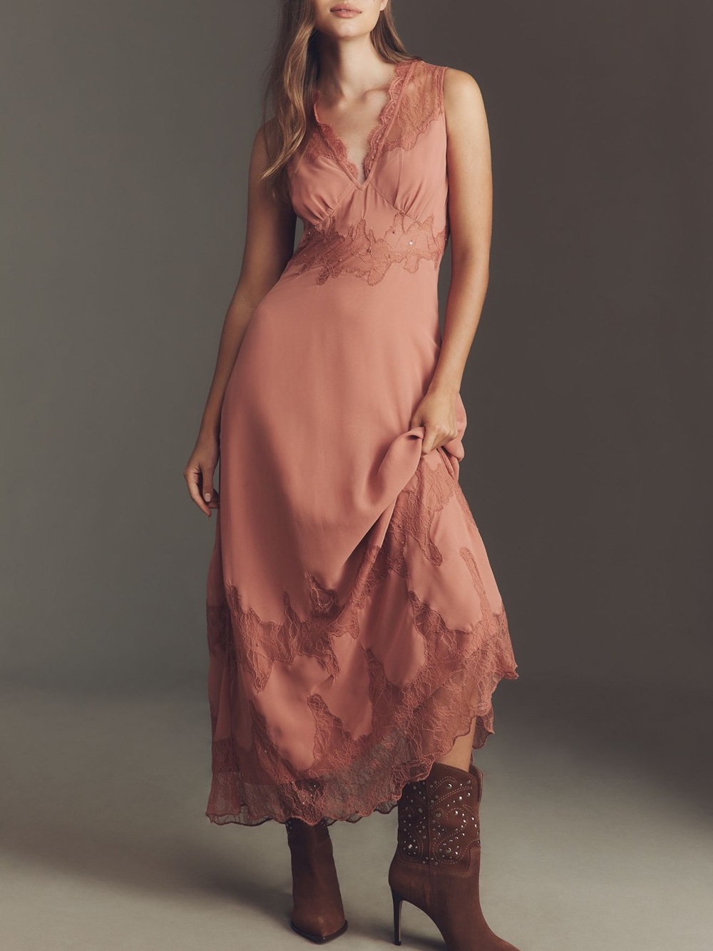 By Anthropologie V neck Lace Panel Maxi Dress.